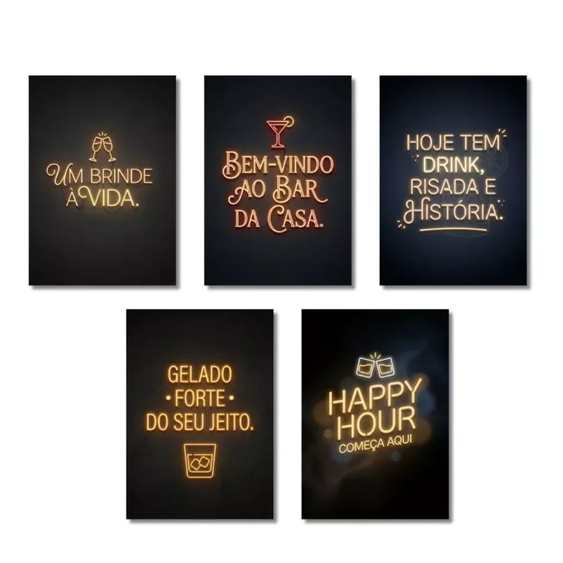 Kit Barzinho All Black 5 Placas Decorativas Para Bares Estabelecimentos Área Gourmet Presente Bebidas