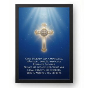 Quadro São Bento Oração da Cruz Sagrada Azul Profundo com Luz Divina