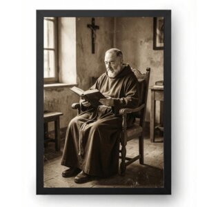 Quadro Padre Pio Lendo Bíblia Sentado