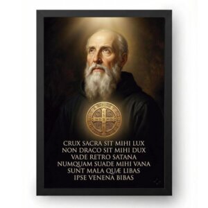 Quadro Com Oração de São Bento Olhando Para o Céu