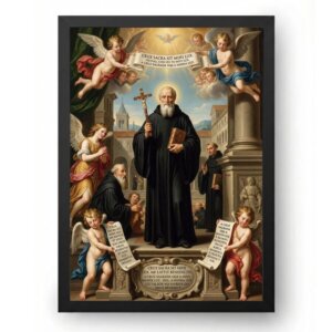 Quadro De São Bento Celestial Com Anjos Poderosos