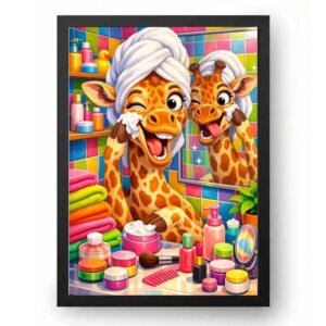 Quadro Girafa Maluca Passando Creme no Banheiro