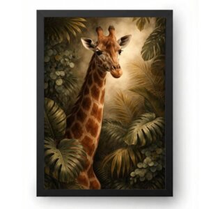 Quadro Girafa com Folhagens Tropicais