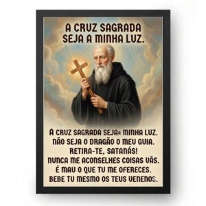 Quadro Medalha de São Bento Com Cruz na Mão Com a Oração