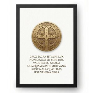 Quadro Oração de São Bento Com Medalha Fundo Branco Latim