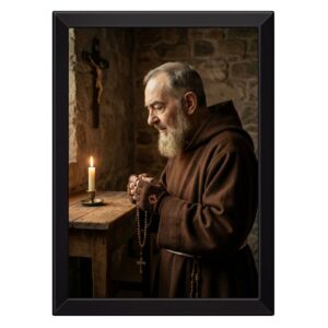 Quadro Padre Pio Orando Terço Na Mão com Chagas