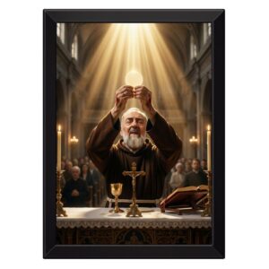 Quadro Padre Pio Segurando Hóstia no Altar Na Igreja