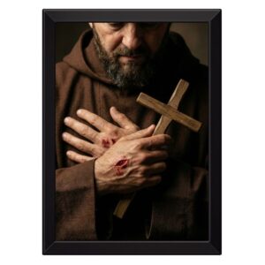 Quadro Padre Pio Com um Crucifixo Na Mão Com Chagas