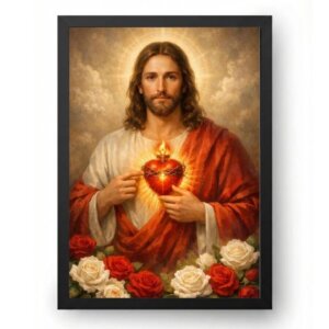 Quadro Sagrado Coração de Jesus com Rosas Vermelhas