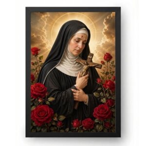 Quadro Santa Rita de Cássia Tradicional com Rosas e Crucifixo