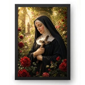 Quadro Santa Rita de Cássia em Jardim Sagrado com Rosas