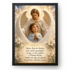 Quadro Oração Anjo da Guarda com Criança e Terço
