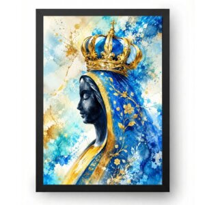 Quadro Nossa Senhora Aparecida em Aquarela Azul e Dourado
