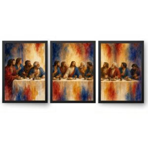 Quadro Santa Ceia Aquarela Sacra Contemporânea Trio 3 Peças
