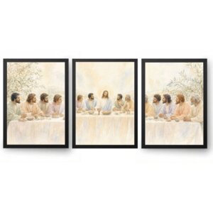 Quadro Santa Ceia Aquarela Celestial Pastel Trio 3 Peças