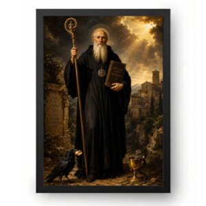 Quadro São Bento Barroco com Cajado e Regra Sagrada