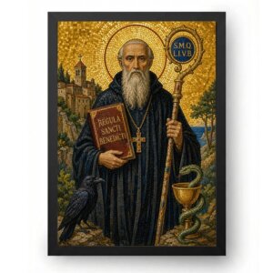 Quadro São Bento em Mosaico Veneziano Dourado