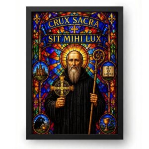 Quadro São Bento em Vitral Gótico com Luz Sagrada