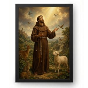 Quadro São Francisco de Assis Clássico com Animais e Luz Divina
