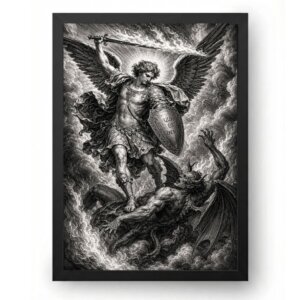 Quadro São Miguel Arcanjo em Gravura Clássica Preto e Branco