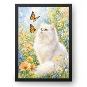 Quadro Gato Branco com Borboletas no Jardim