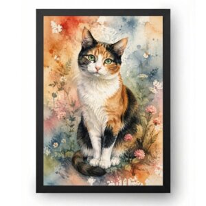 Quadro Gato Calico em Aquarela com Flores