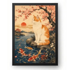 Quadro Gato Japonês com Carpas e Cerejeiras