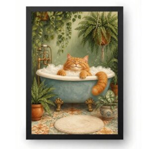 Quadro Gato Laranja na Banheira com Plantas