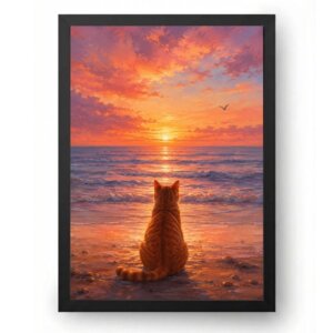 Quadro Gato Laranja na Praia ao Pôr do Sol