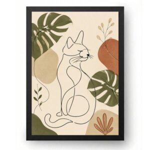 Quadro Gato Minimalista com Folhas de Costela-de-Adão