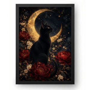 Quadro Gato Preto com Lua Dourada e Flores