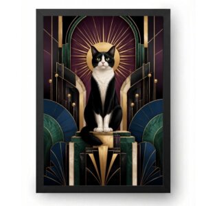 Quadro Gato Preto e Branco Neo Deco Dourado