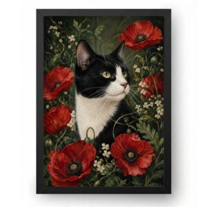 Quadro Gato Preto e Branco com Flores Vermelhas