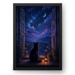 Quadro Gato Preto na Janela com Céu Estrelado