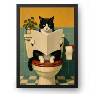 Quadro Gato no Banheiro Lendo Jornal Retrô