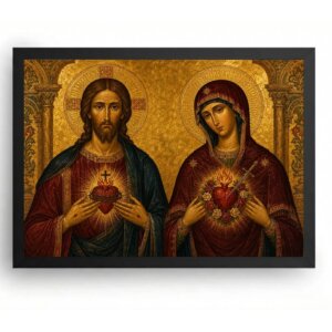 Quadro Sagrado Coração de Jesus e Maria Arte Bizantina Dourada