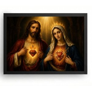 Quadro Sagrado Coração de Jesus e Maria Pintura Dramática