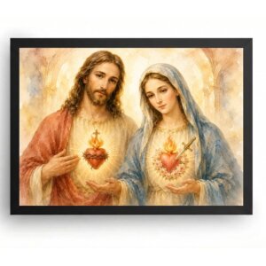 Quadro Sagrado Coração de Jesus e Maria em Aquarela Suave