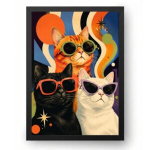 Quadro Trio de Gatos com Óculos Retrô Colorido
