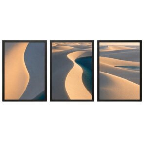 Trio de Quadros Lençóis Maranhenses Dourado e Azul para Sala