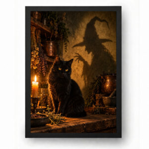 Quadro Halloween Gato Preto com Sombra de Bruxa
