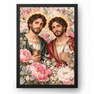 Quadro Cosme Damião Flores e Fé em Aquarela