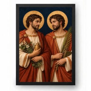 Quadro Cosme Damião Minimalista com Halo Dourado