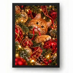 Quadro de Natal Gato Laranja Travesso na Árvore