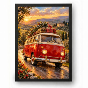 Quadro de Natal Kombi Vermelha com Árvore e Presentes