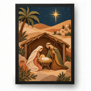 Quadro de Natal Presépio Minimalista em Tons Terrosos