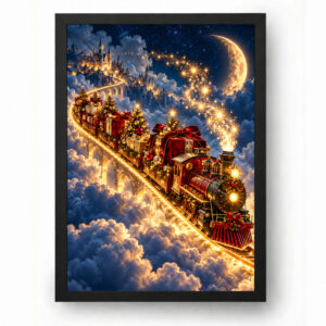 Quadro de Natal Trem Mágico dos Presentes nas Nuvens