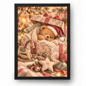 Quadro de Natal Ursinho Dormindo ao Lado dos Presentes