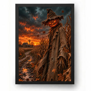 Quadro Halloween Espantalho Cabeça de Abóbora no Milharal