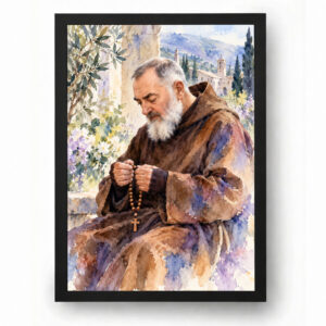 Quadro Padre Pio Em Oração Com Terço Aquarela Azul